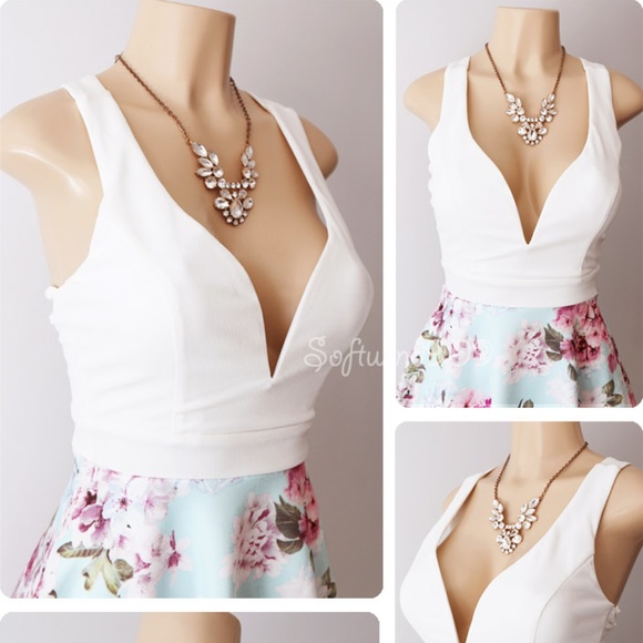 Last☝️ Ivory Blue Floral Plunge Lace Up CUTE Dress - Picture 3 of 8